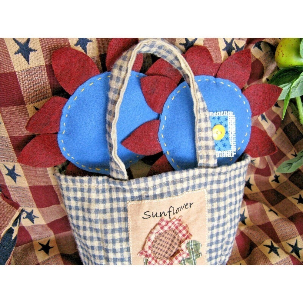 New Prim Rustic Handmade 7” Autumn Fall Felt Sunflowers w/ Bag Home Decor